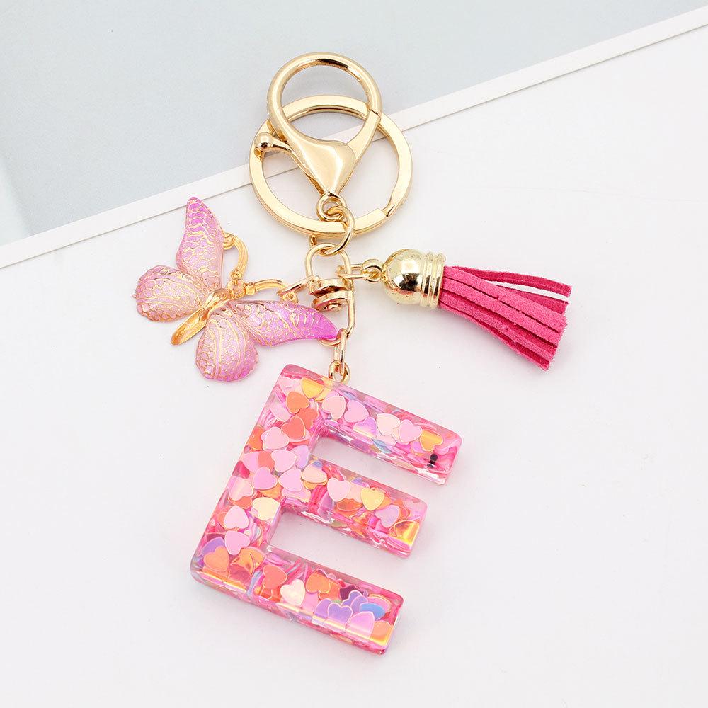 Pink Butterfly Tassel & Resin Sequin Letter Keychain - Backpack Charm for Women