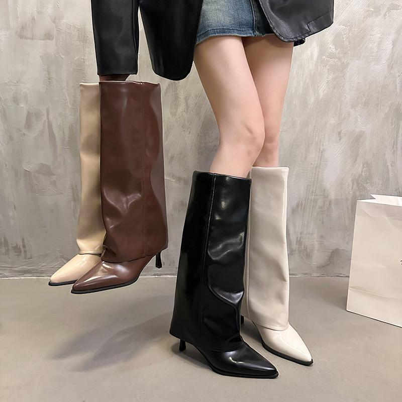New High-heeled Women's Shoes Fall Women's Knee-high Boots Modern Knight Pointed Shallow Mouth High Boots
