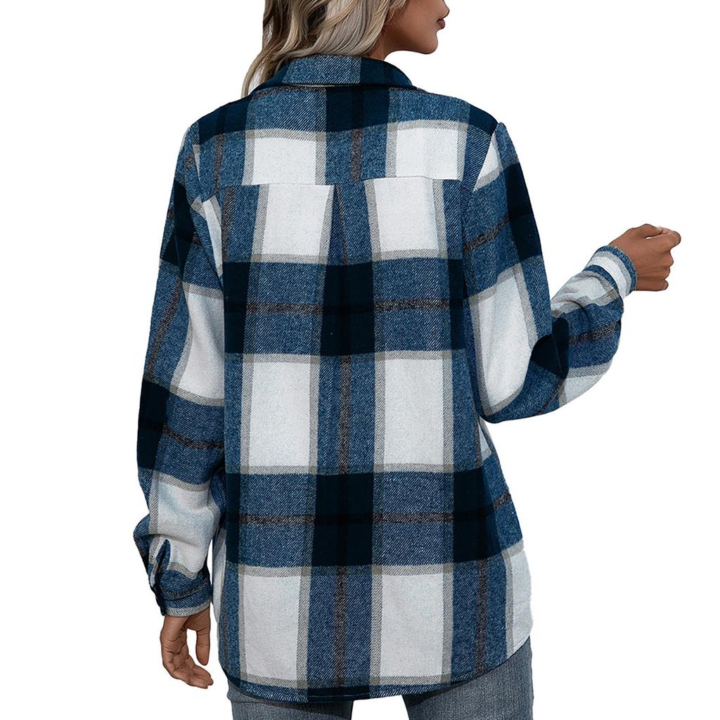 Women's Winter Casual Loose Grinding Wool Plaid Shirt Plush Plaid Shirt Jacket