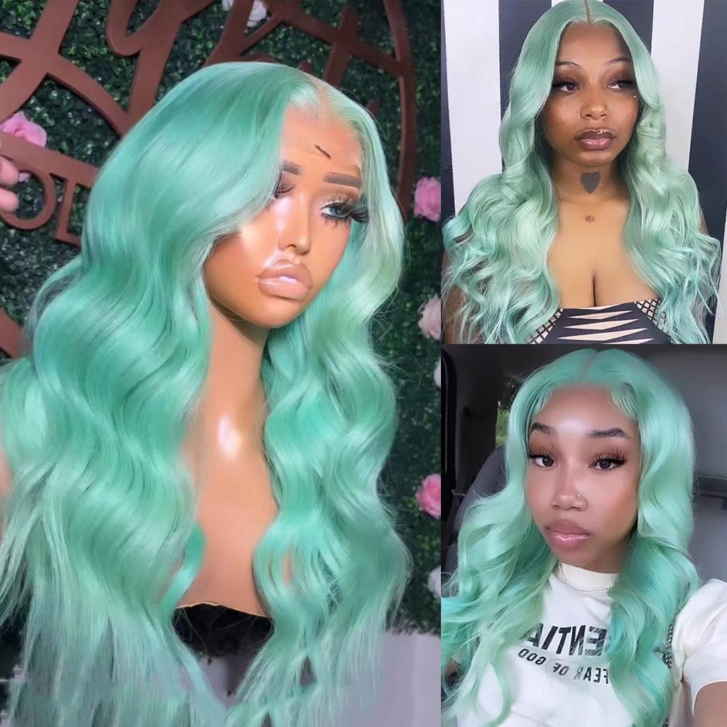 AIMEYA Blaue Lace-Front-Perücke Body Wave Perücken für Frauen Mittelscheitel Synthetisches Haar Hitzebeständig Natürlicher Haaransatz