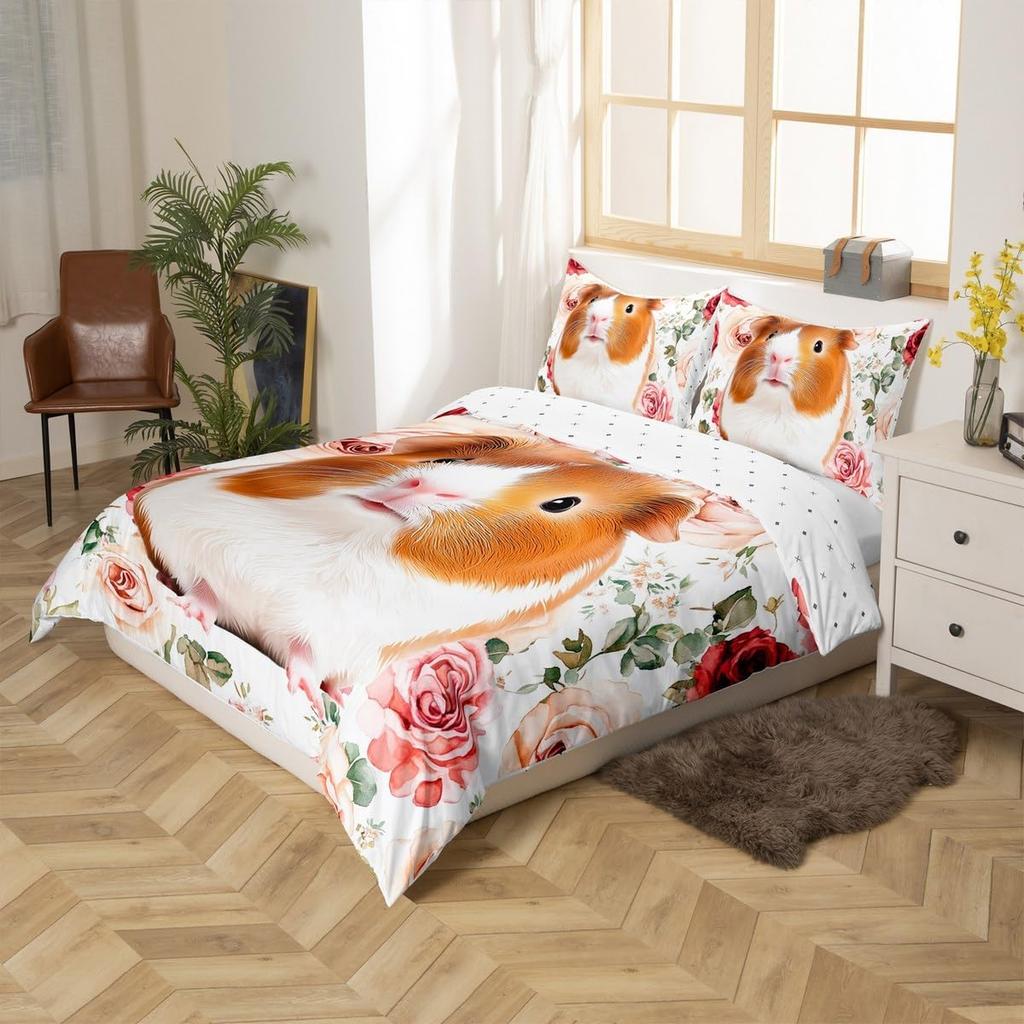 Cartoon Guinea Pig Single Duvet Cover Set With 1 Pillowcase Red Pink Rose Florals Bedding Cute Animal Quilt Cover