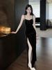 Elegant Velvet Bowknot Patchwork Camisole Dress - Slim Fit, High Slit, Hip-Hugging, Formal Long Gown