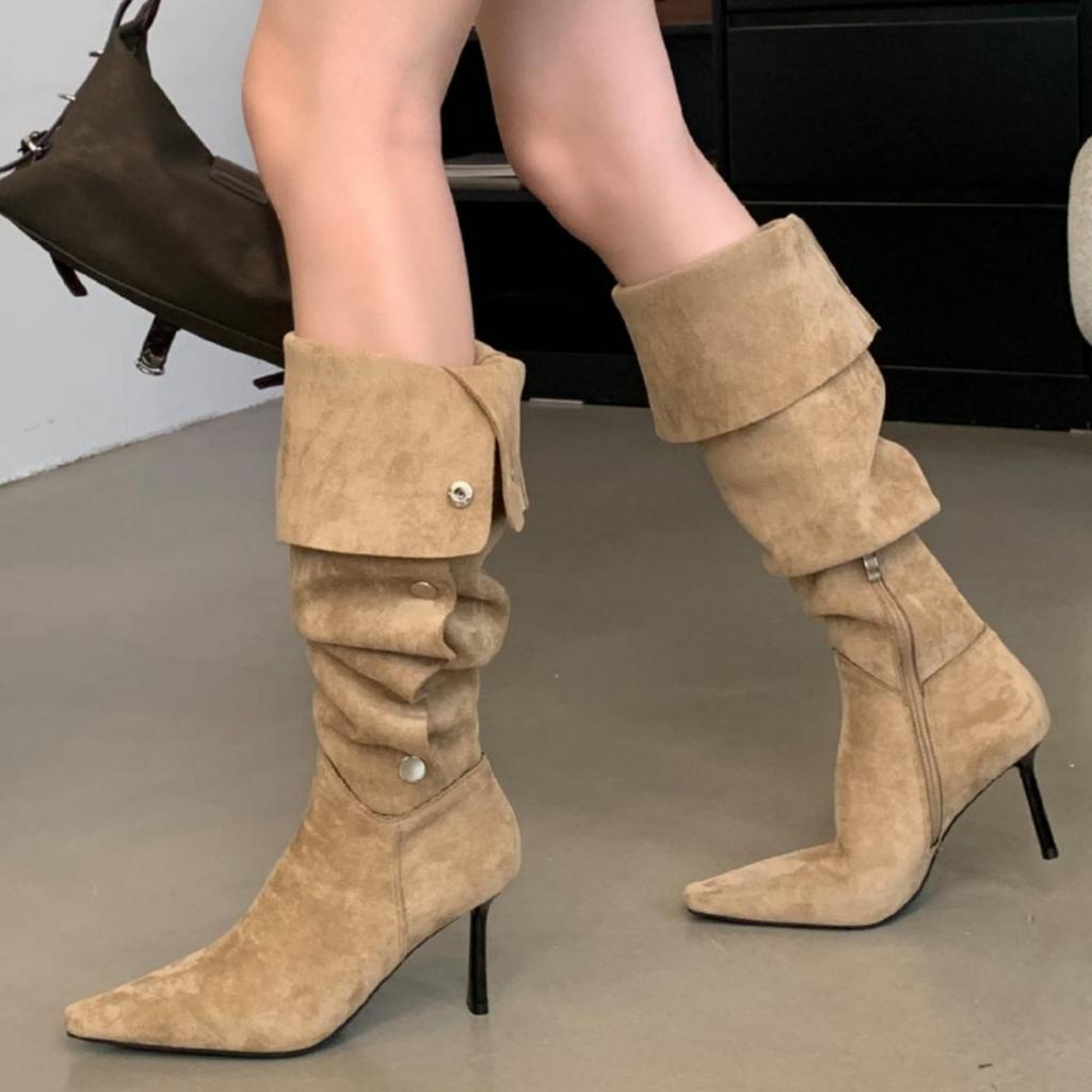 Fashion 2025 New Retro Women's Boots Matte Suede Middle Western Cowboy Boots High Barrel Coarse Heel Knight Boots