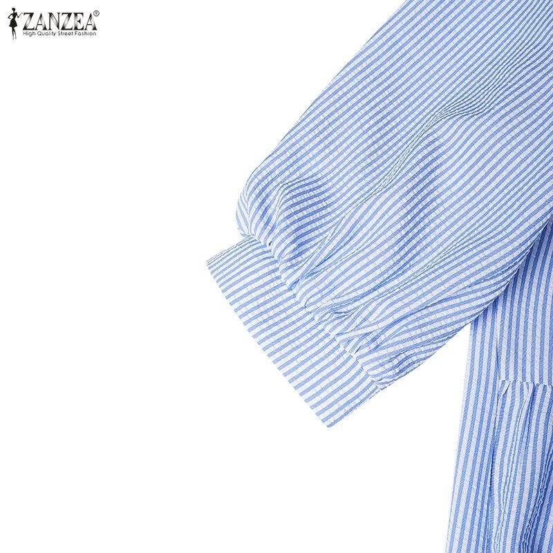 ZANZEA Women Casual Round Neck Half Sleeve Loose Stripe Dress