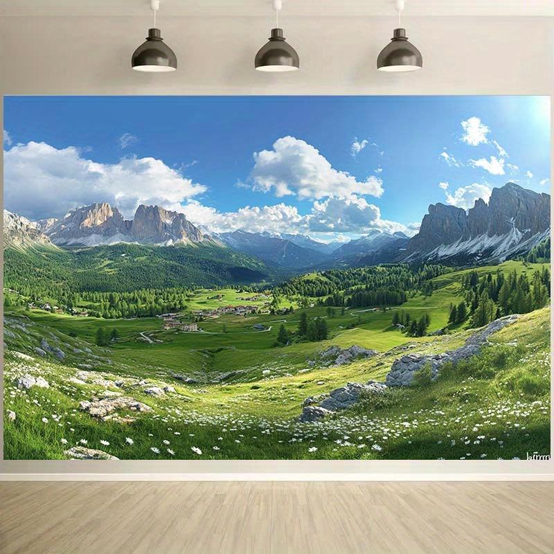1pc 2D mountain background with rolling hills  green grasslands  and majestic peaks  featuring wall art