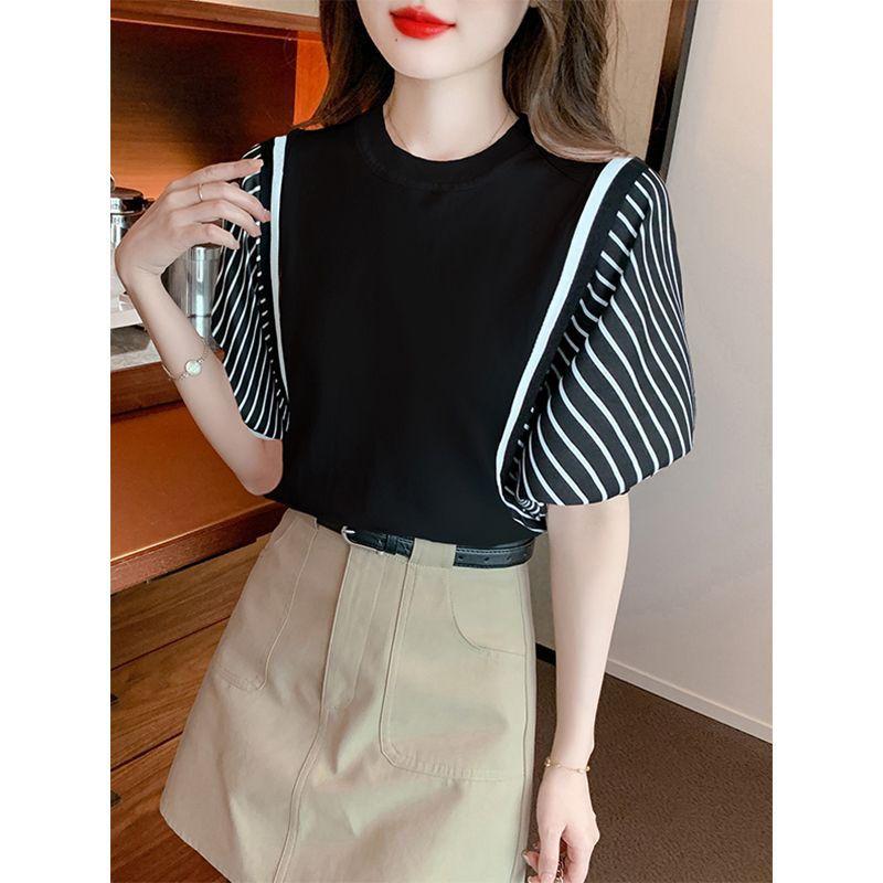 Summer Fake Two Pieces Striped Tee Women Loose Casual Half Sleeve Patchwork T-shirt Female Pullover Top