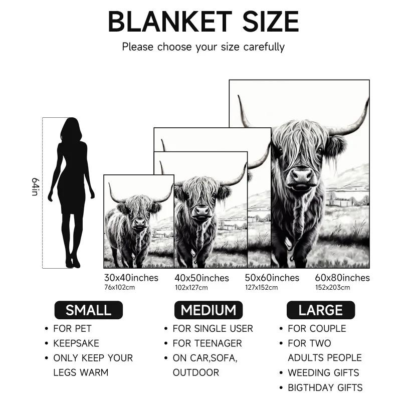 1 Piece Black And White Highland Cow Flannel Blanket, Soft, Suitable For Sofa, Bed, Office, All-Season Use.60X80