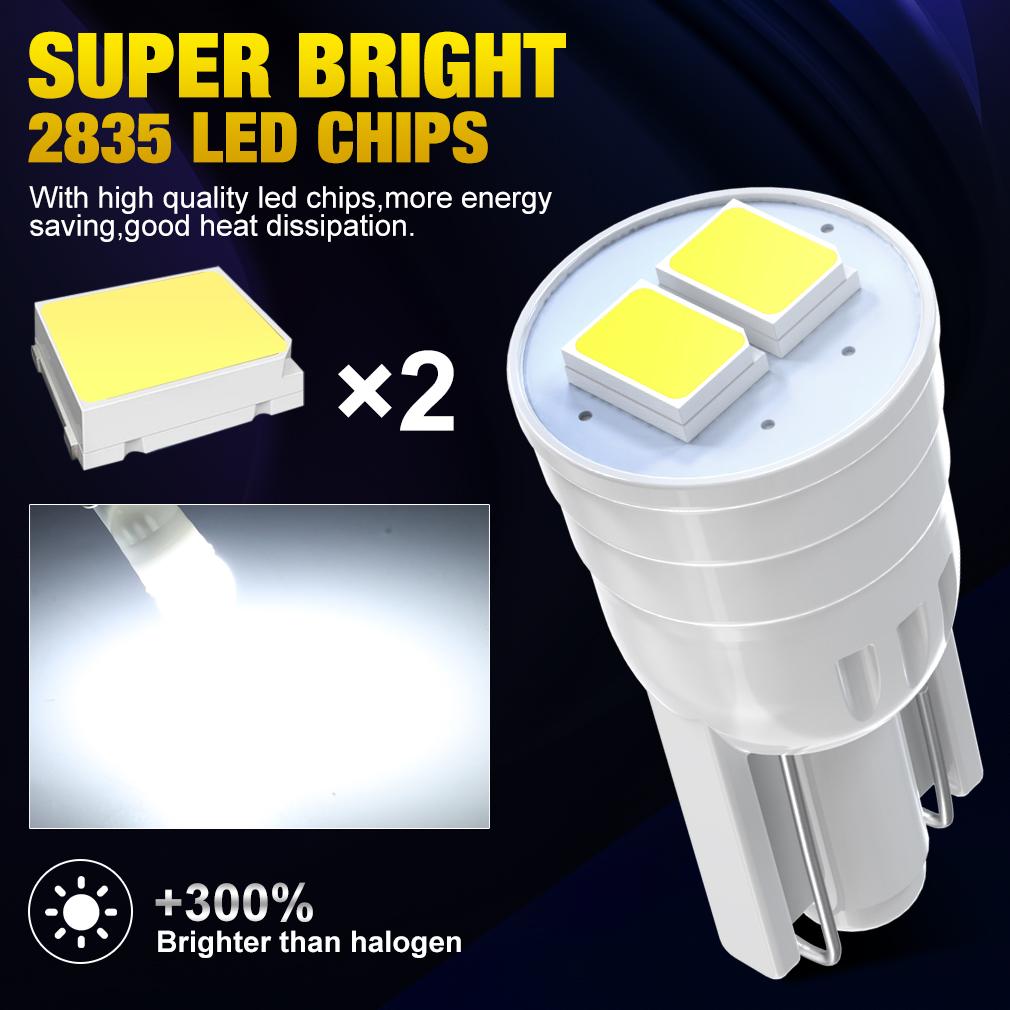10Pcs Ceramic T10 W5W LED Bulb 194 168 Led Canbus 2SMD 2835 Car Interior Lights Wedge Side Marker Clearance Auto Lamp 12V White