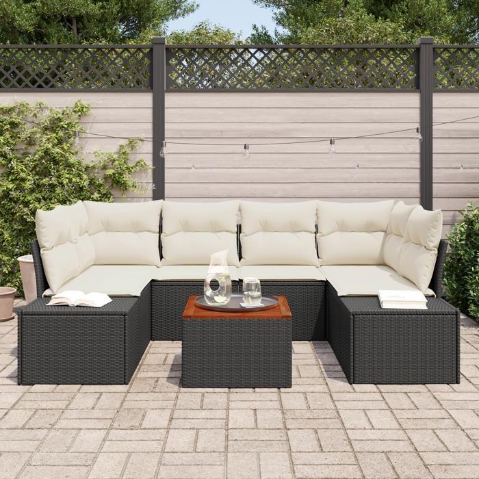 VidaXL Ensemble de canapé de jardin 7 pièces avec coussins noirs en rotin synthétique et acacia 3347908