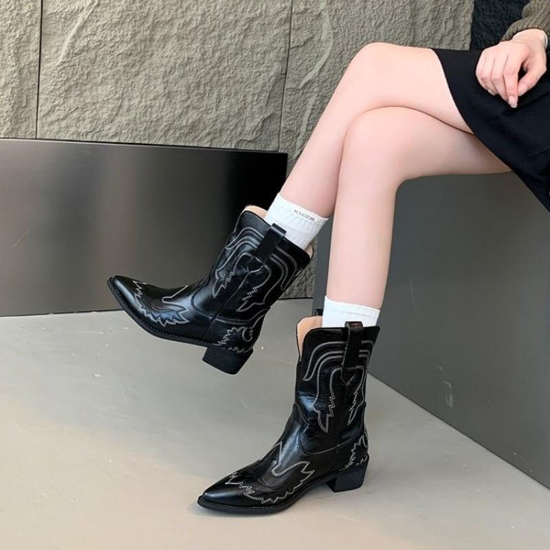 Fashion Retro Embroidered Western Cowboy Boots Women's Spring New Mid-Calf Knight Boot Pointed Toe Thick Heel Non-Knee High Shoes
