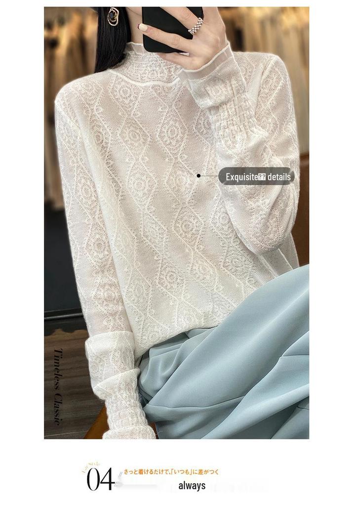 Women's Chiffon Knit Lace Long Sleeve Top with Half High Collar