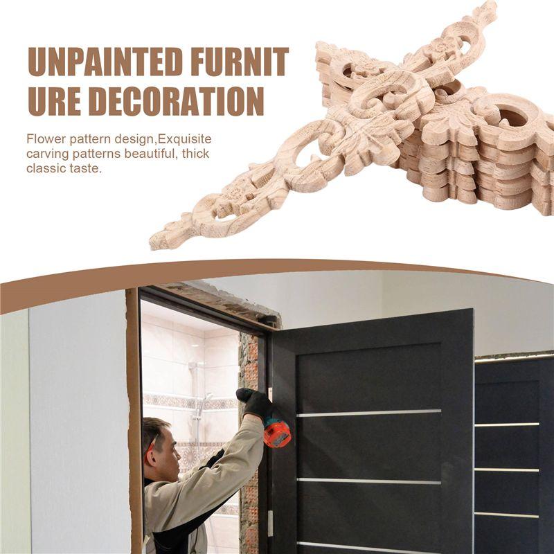 M-Modern-6Pcs Onlay Wood Mouldings Wood Applique Wood Decal Carved Unpainted Long Flower Rubber Wood Corner Furniture