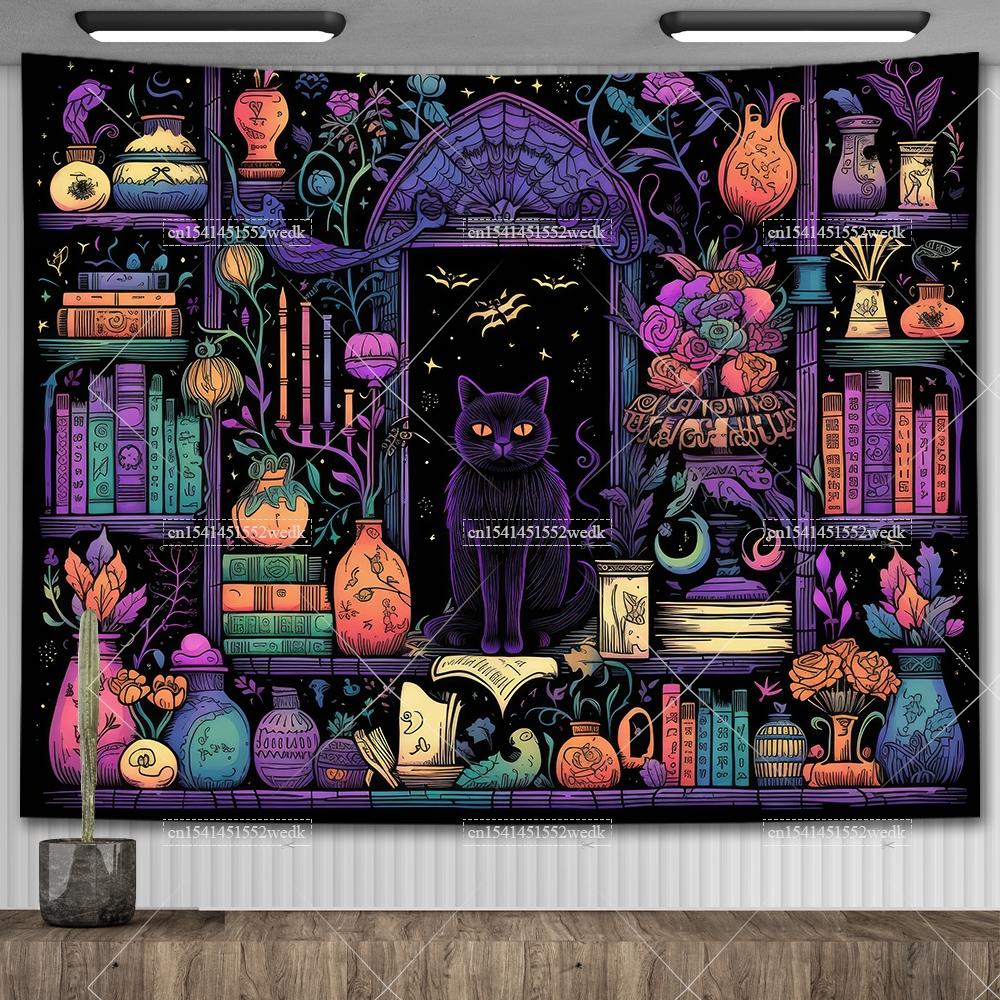 Witch's Library Staircase Tapestry Magic Bookshelf Tapestry Wall Hanging Altar Cloth Aesthetic Room Decor Book Shelves Backdrops