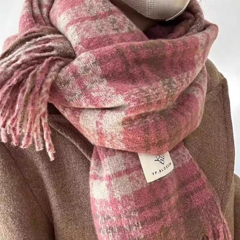 Plaid scarf women's atmosphere warm new dry rose powder autumn and winter white soft fringed shawl scarf