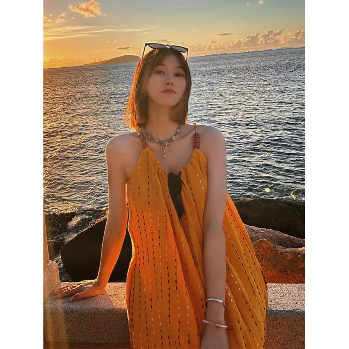 

Yellow tassel suspender dress for women s summer high-end feeling super good-looking seaside vacation dress S