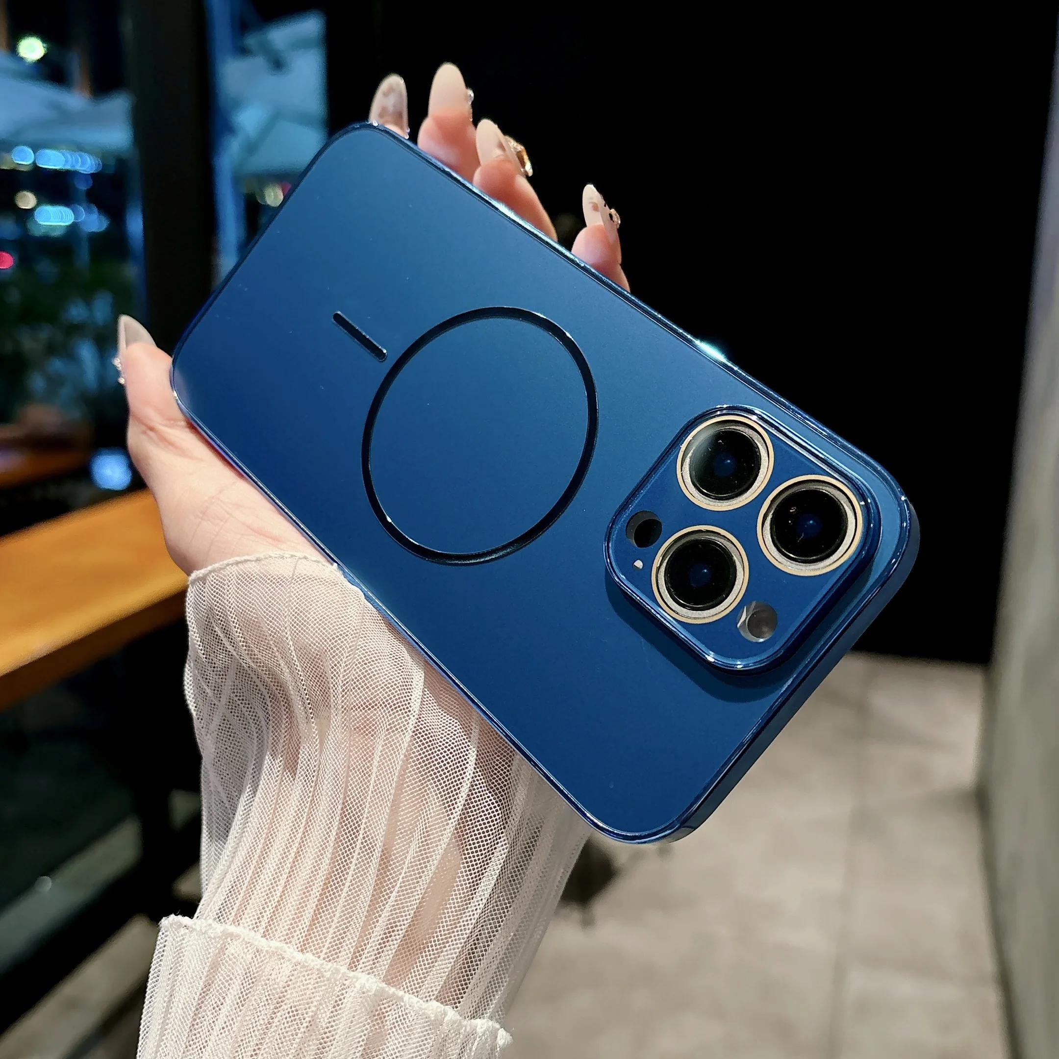 

Plating Magnetic Frosted Lens Glass Protective Phone Case for IPhone 16 15 14 13 11 12 Pro Max for Magsafe Wireless Charge Cover iPhone 15 синий