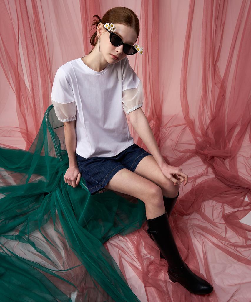 Pelimela Organza Puff Sleeve T-Shirt (White)