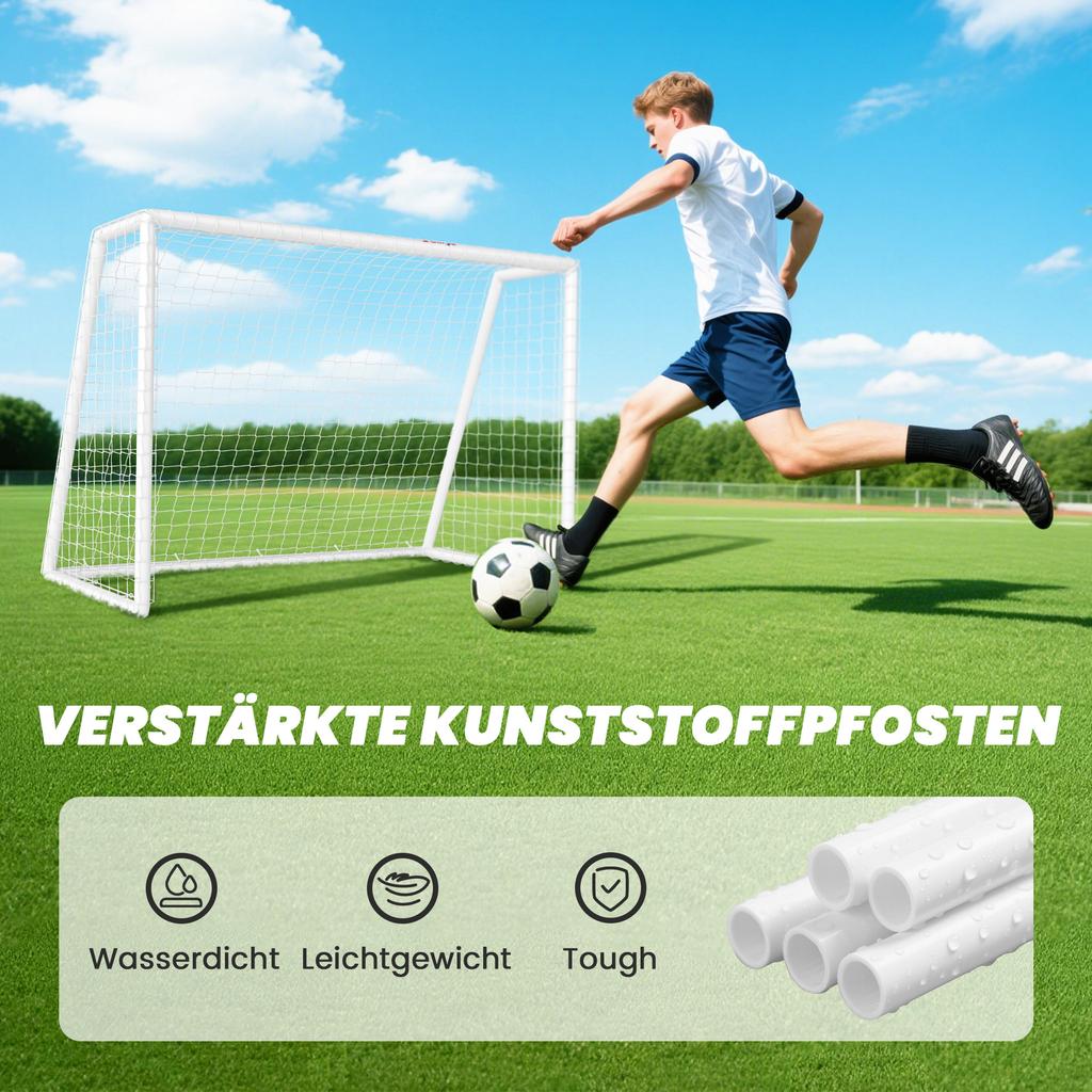 Football goal, sturdy net, plastic frame, pegs, 180L x 92W x 124H cm, white
