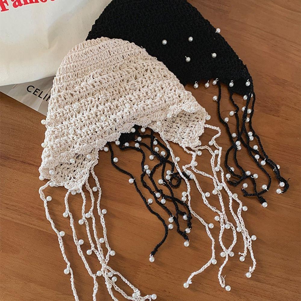 Hollow Out Knit Cap Beanies Ethnic Style Hat Fashion Hollow Pearl Tassels Knitted Hat Girls