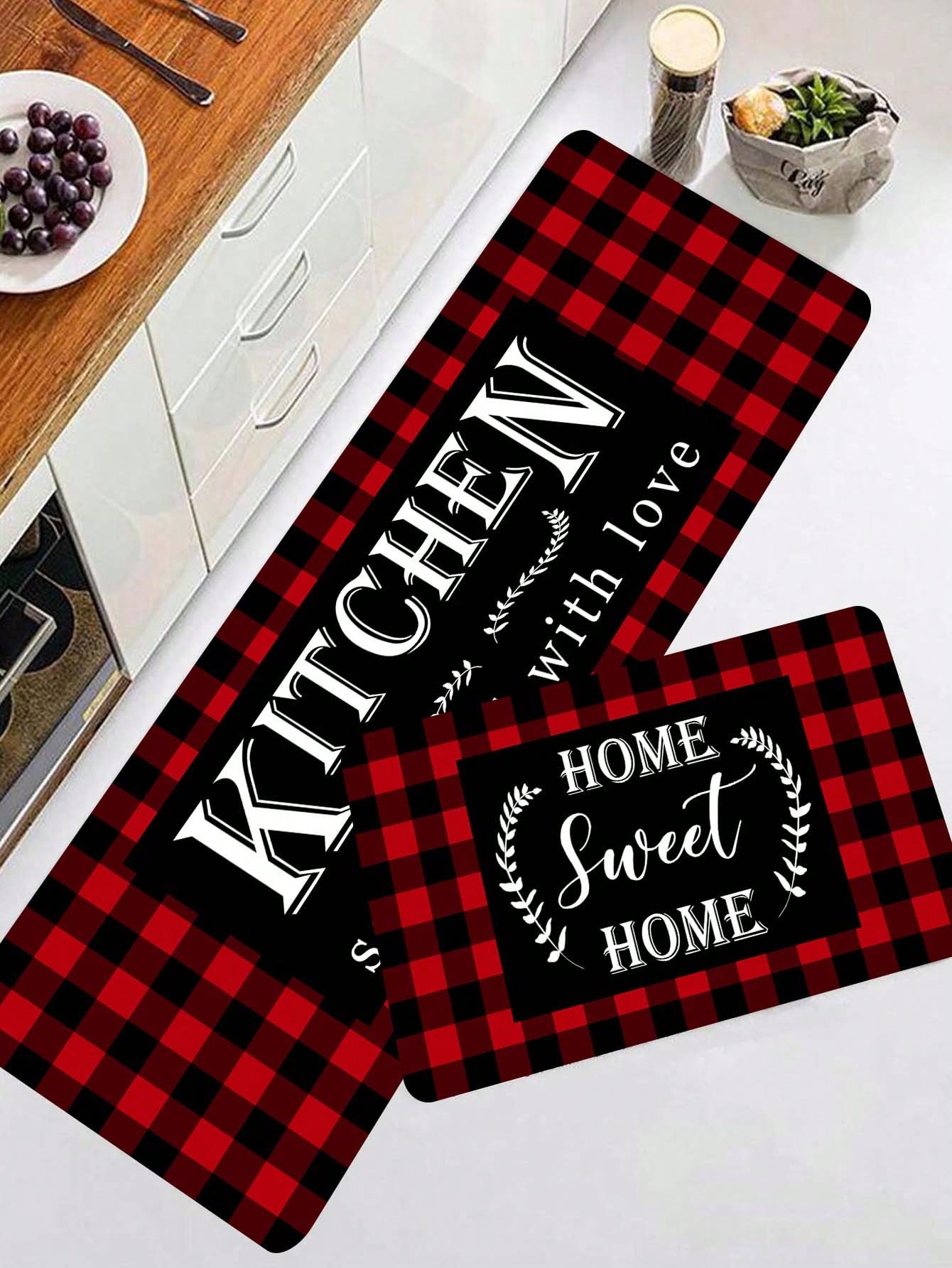 

Letter & Plaid Red Bottom Kitchen Rug Bathroom Doormat Bedroom Carpet Floor Mat for Entrance Living Room Laundry Home Decor 40x60cm