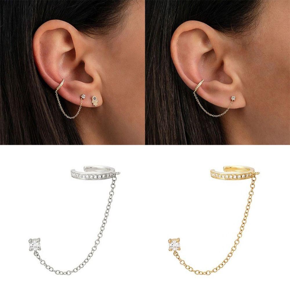 Shiny Zircon Chain Clip Earrings Ear Cuff Style Tragus Earrings Helix Earrings Fashion Jewelry