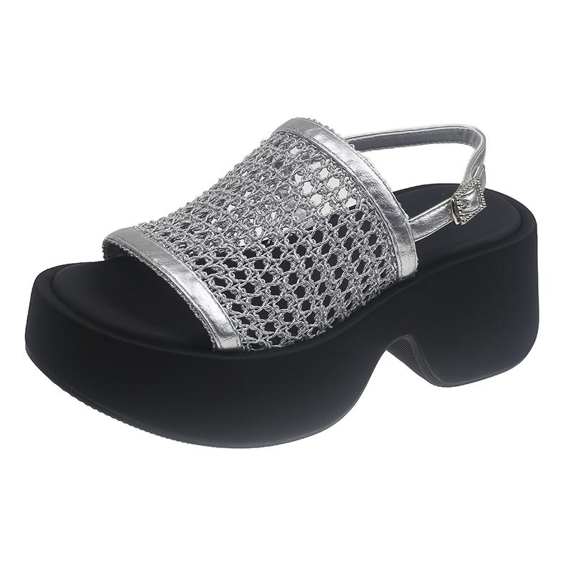 

Женские сандалии Новые летние с круглым носком Открытый носок Винтажные Сетчатые Платформа Платформа Дышащие Нескользящие Пляжная обувь 40 серебряный
