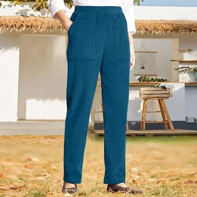Fashion Straight Corduroy Long Pants Autumn Winter Casual Solid Color Elastic Waist Stripe Trousers Women Loose Fit Warm 30123