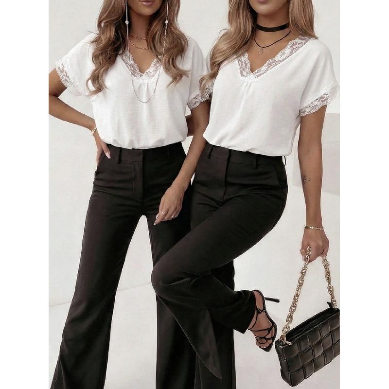V-neck lace patchwork short-sleeve T-shirt women's summer new loose fashion top