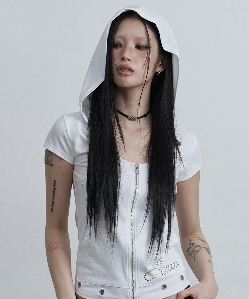 Aejeuyua Incision Broad Zip-Up Hoodie White