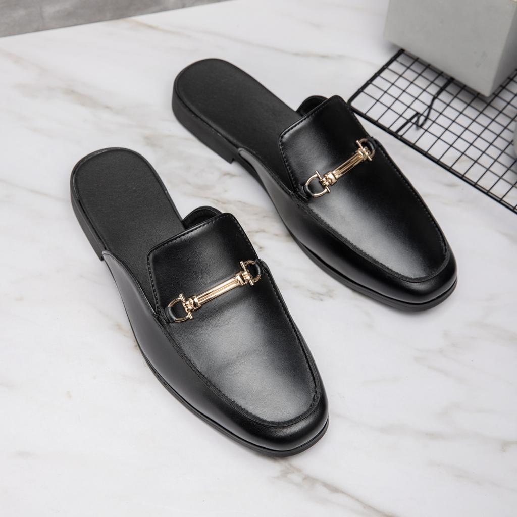 Fashion British Style Outdoor Slip On Men Half Drag Slippers Soft Comfortable Casual Leather Handmade Walking Shoes Designer Flats