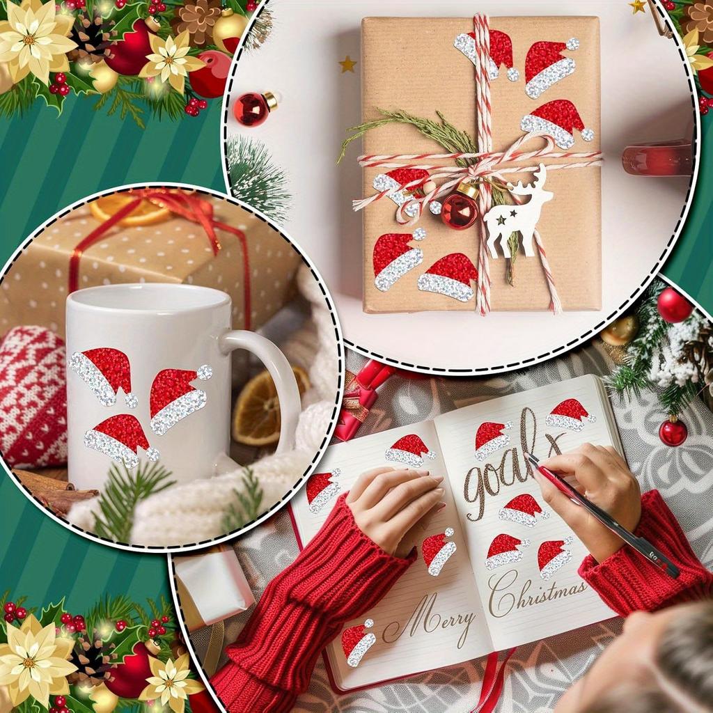 500pcs Red Christmas Santa Hat Stickers with Glittering - Laser-Cut Self-Adhesive Waterproof Decoration for Holiday Cards, Gifts, Party Decorations