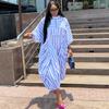 European and American women's clothing summer new fashion semi-turtleneck bat sleeve loose pocket striped dress dress