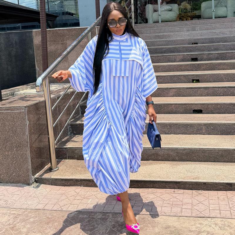 European and American women's clothing summer new fashion semi-turtleneck bat sleeve loose pocket striped dress dress