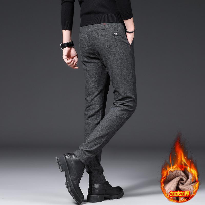 New Velvet Thickened Thermal Casual Pants Men's Straight Slim-fitting Cotton and Linen Polished Elastic Waist Men's Pants