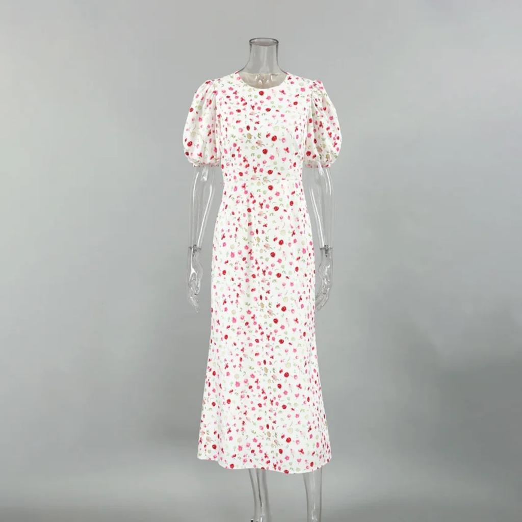 LYRIA Printed Floral Long Dress for Women Slim High Waist Puff Short Sleeve Dress Fashion Commuting Dress Fmale
