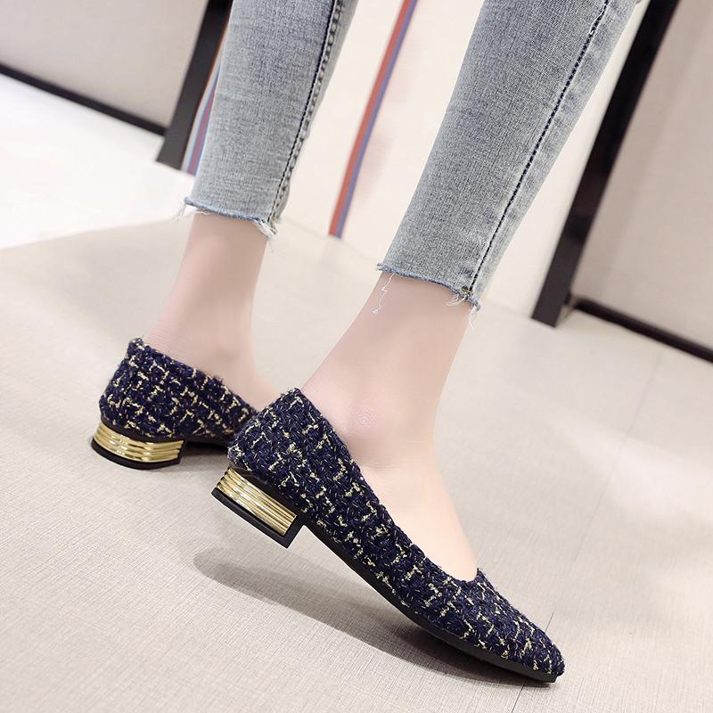 Women Flats Slip On Flat Gold Pointed Toe Casual Shoes Plaid Boat Shoes Metal Heels Female Shoes Shallow Ladies Footwears Size42