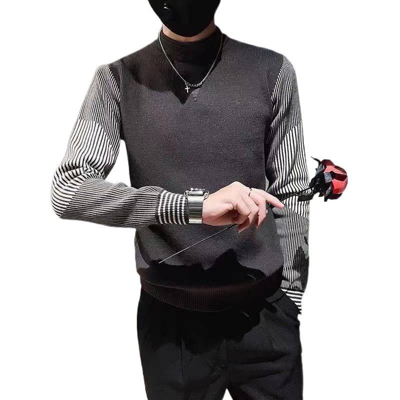 Pánský pletený svetr pulovr slim fit v korejském stylu s pruhy