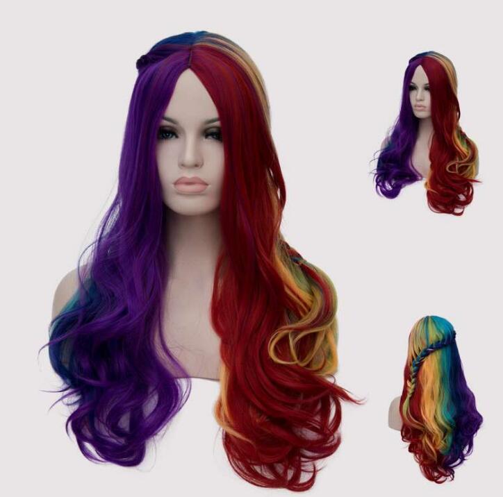 Плетение Стиль Длинный Вьющийся Радужный Парик Косплей Костюм Синтетические Волосы — фото 7