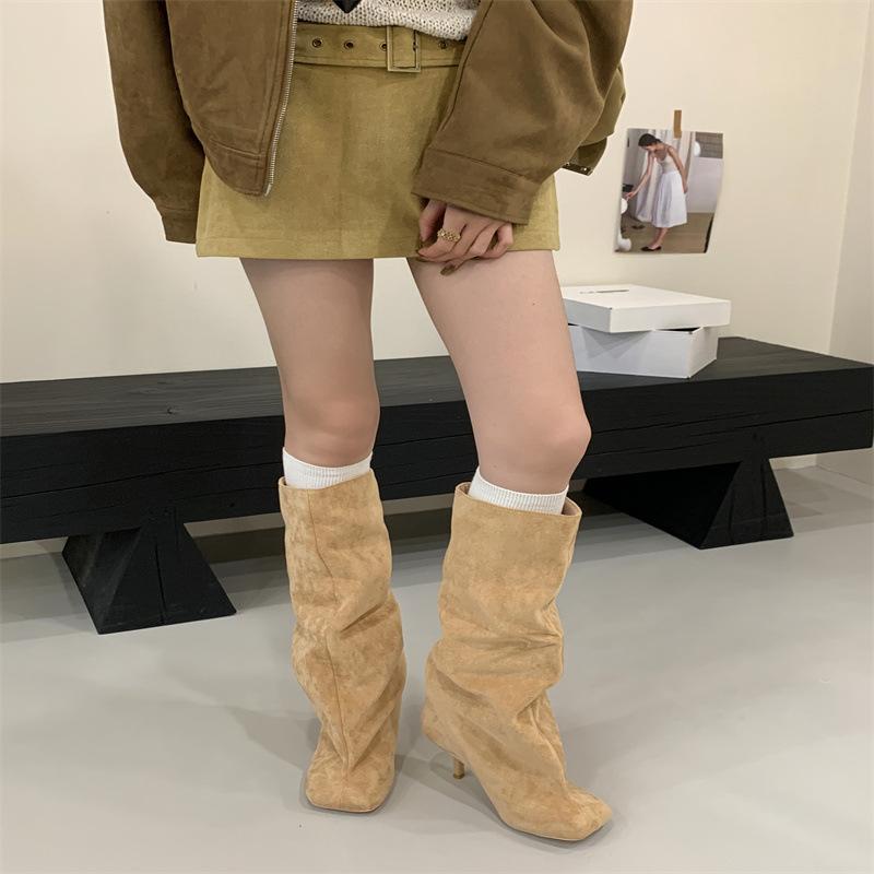 2025 loose straight boots autumn and winter matte retro trouser boots long boots big tube circumference high heel western cowboy boots women