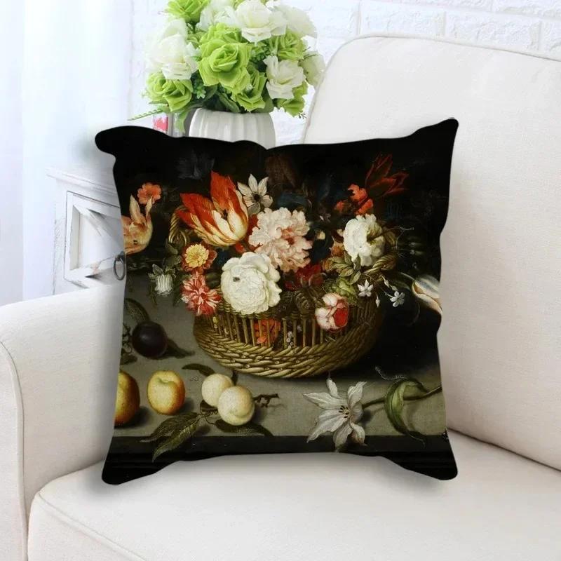 Retro Plant Flower Art Oil Painting Printed Pillow Case Home Decoration Bedroom Room Living Room Sofa Cushion Cover X