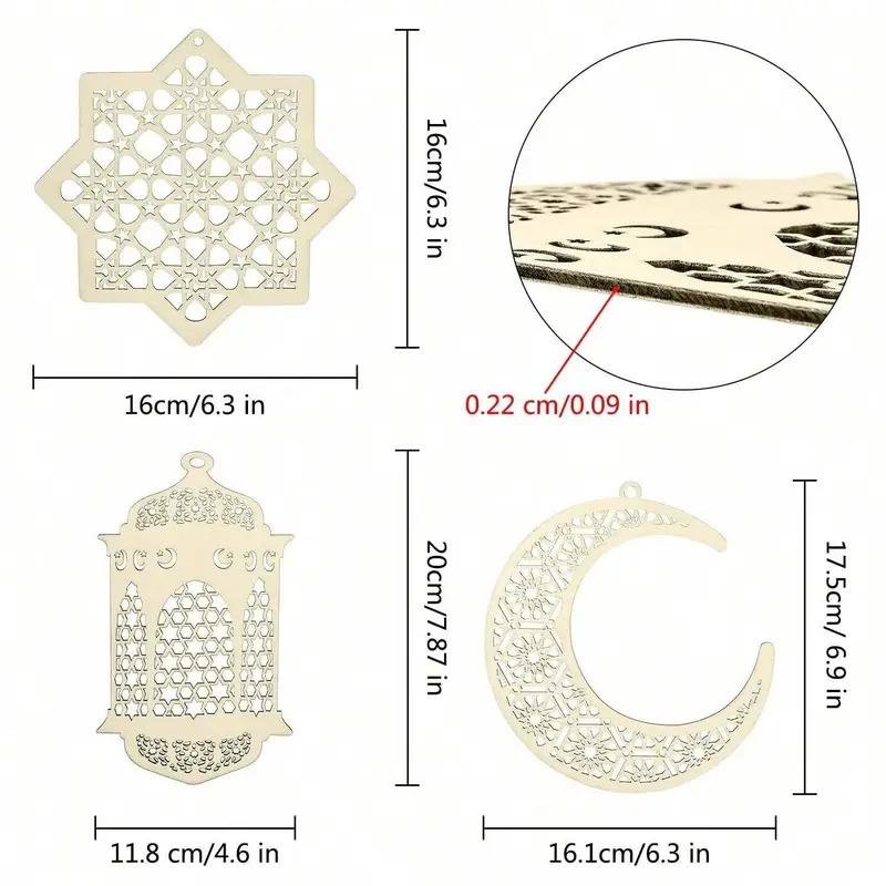 3 PCS Ramadan Hollow Wooden Pendant - Moon Star Wind Light Shape Ornament, Happy Eid Hanging Sign, Festival Decoration