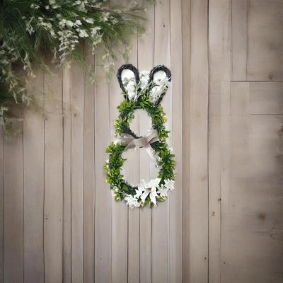 Easter Bunny Wreath Spring Bunny Shaped Artificial Flower with Greenery Colorful Daisies Bow Knot for Front Door Summer Farmhous