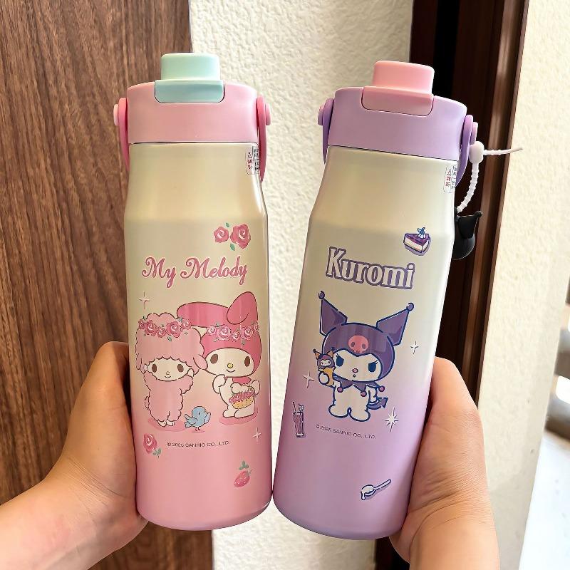 X&W Kuromi Insulated Thermos Cup New Large Capacity Portable Hand Strap Straw Water Bottle for Student Girls High Appearance