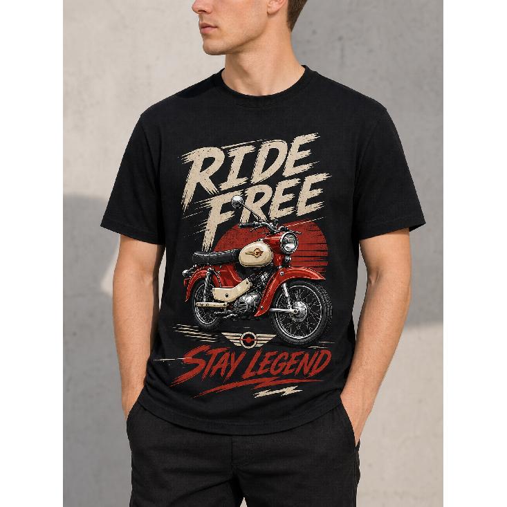 Men's black short-sleeve t-shirt with vintage motorcycle graphic, "Ride Free Stay Legend" print, crew neck, relaxed fit, soft cotton feel, ideal for