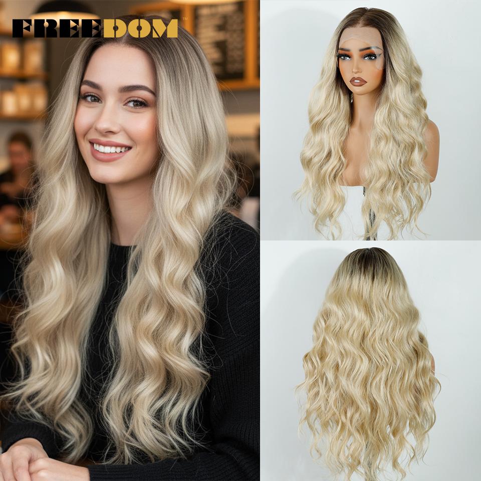 

FREEDOM Synthetic Lace Frontal Wigs For Women 26 Inch Long Loose Body Wave Wig Cosplay Ombre Blonde Wig 360 Lace Frontal Wigs (as the picture,26inches)