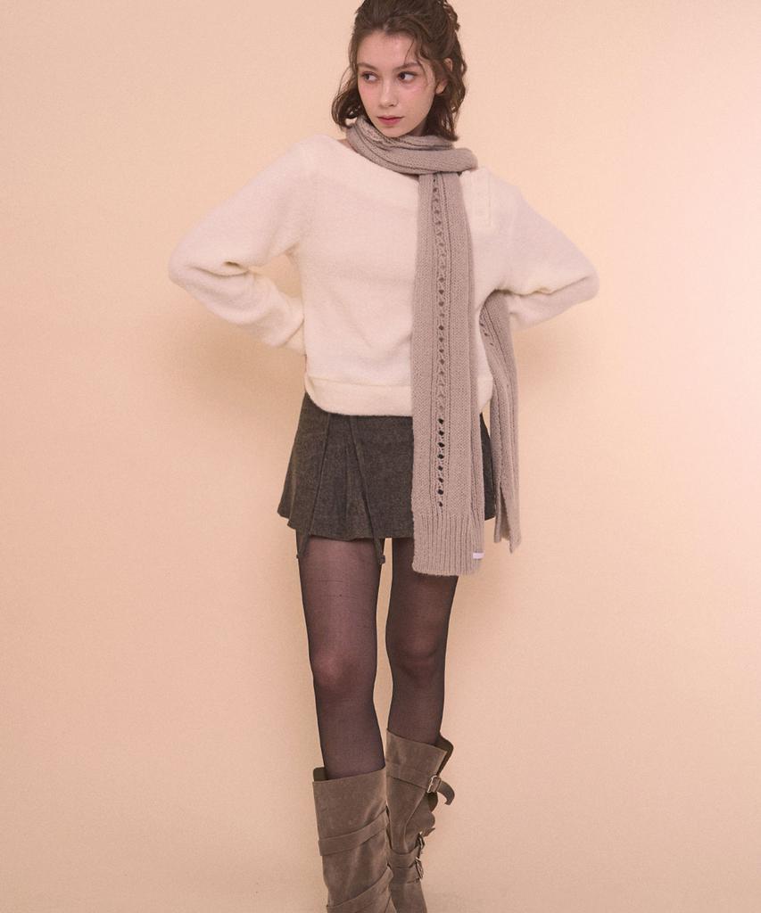 BELLIALEU Fuzzy Boat Neck Knit-Ivory