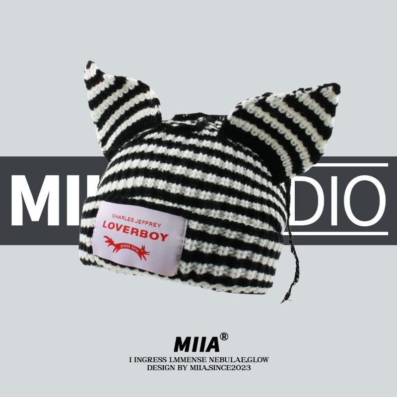 

Cat Ear Wool Hat for Women In Autumn and Winter Stripes Thickened Warm Knitted Ear Protection Hat for Pig Ears Cartoon Cute Pullover Hat average size