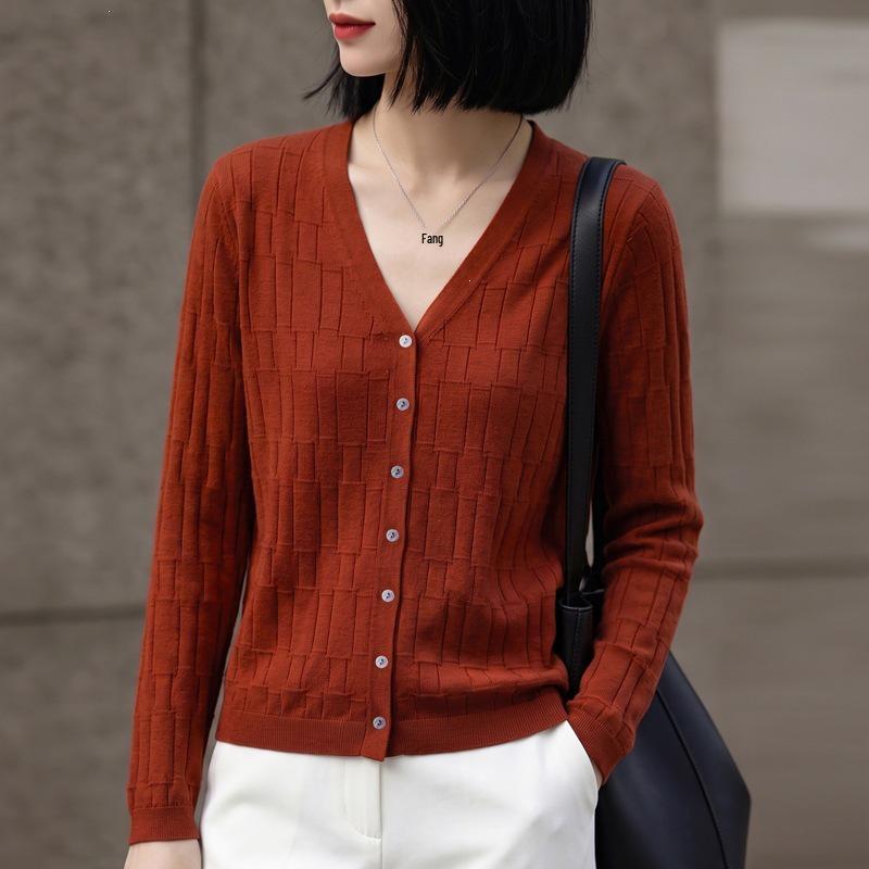 Spring/Autumn Korean V-neck Bamboo Texture Cardigan: Women's Long Sleeve Versatile Jacket