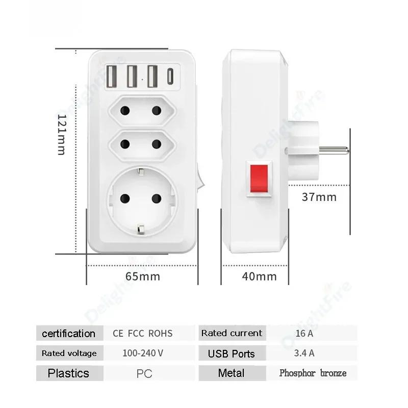EU Socket With USB And 3 AC Outlets Power Converter Swtich Control 100-240V 16A Wall Socket Standard Plug Adapter Extension