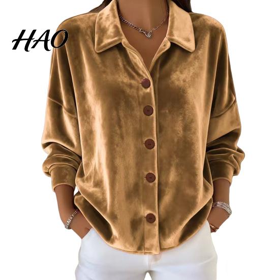 Breathable Women Blouse Shirt Lapel Long Sleeve Velvet Texture Solid Color Tops Loose Fit Buttons Placket Commuter Work Wear Everyday Top